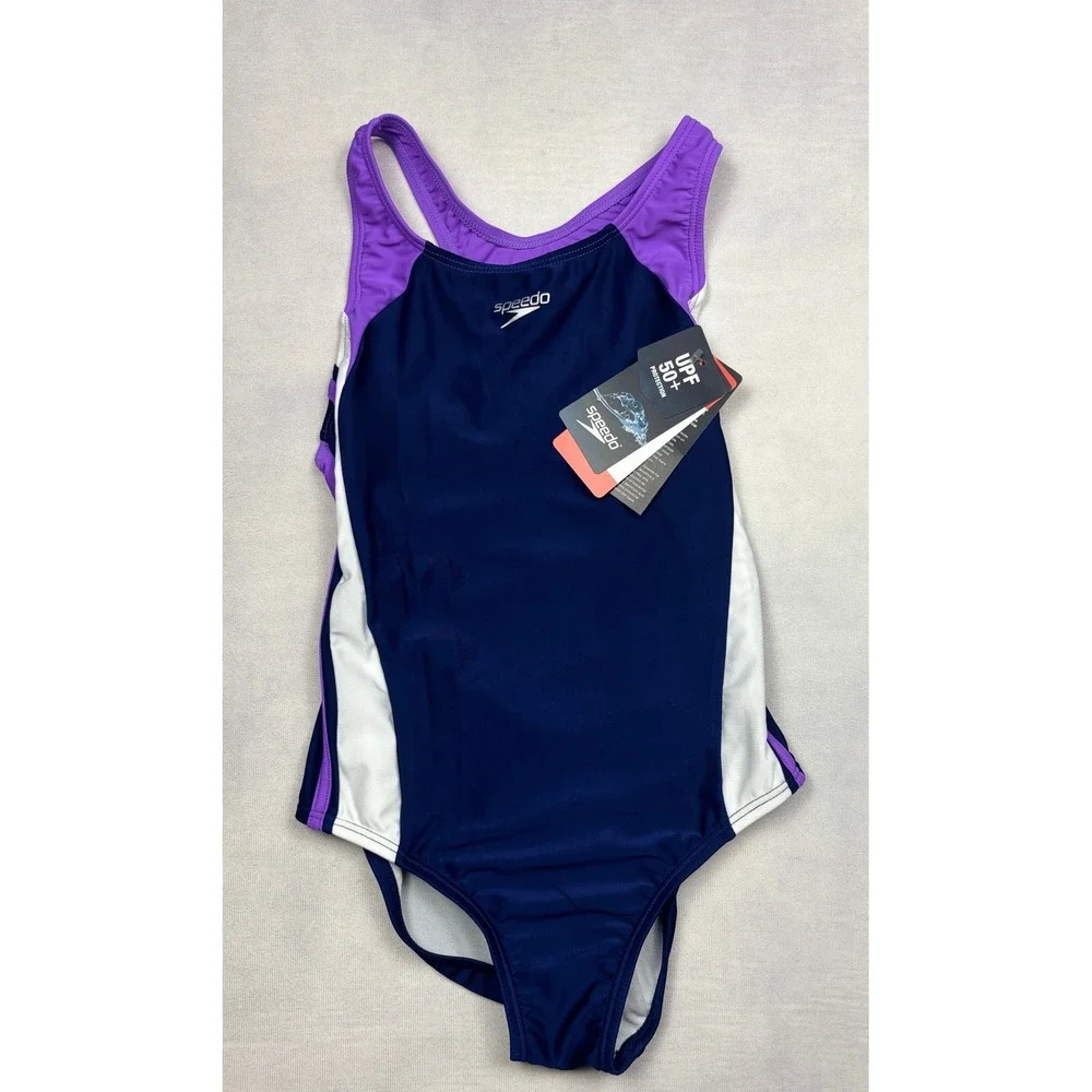Speedo Girls One Piece Swimsuit Navy Purple White Racerback‎ UPF 50+ Size 12